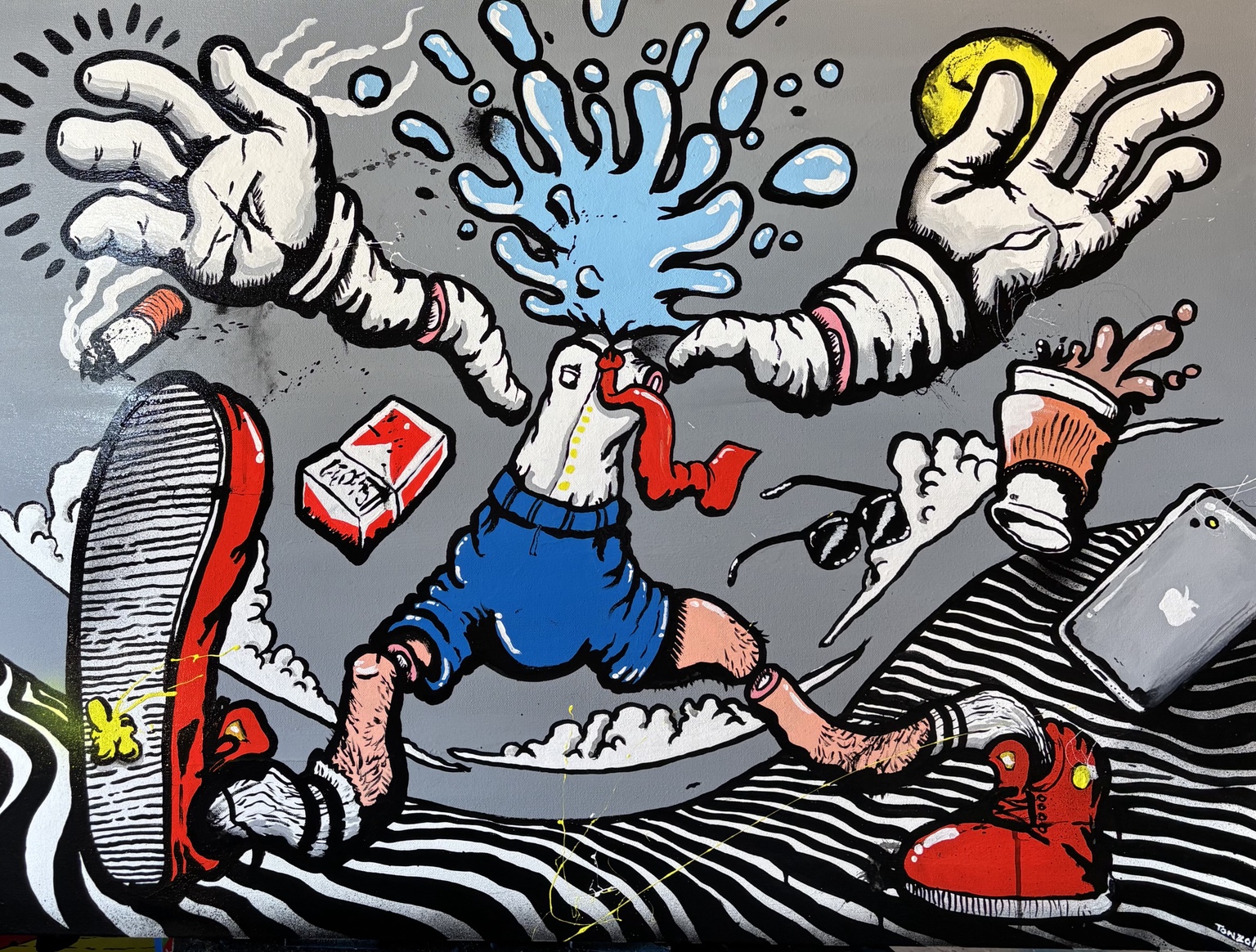 Eric Tonzola painting a mural in his surreal, wavy black-and-white visual style